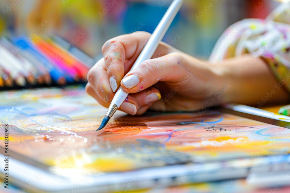 Naklejka premium Close-up of Artist's Hand Painting with Brush on Canvas with Colorful Background