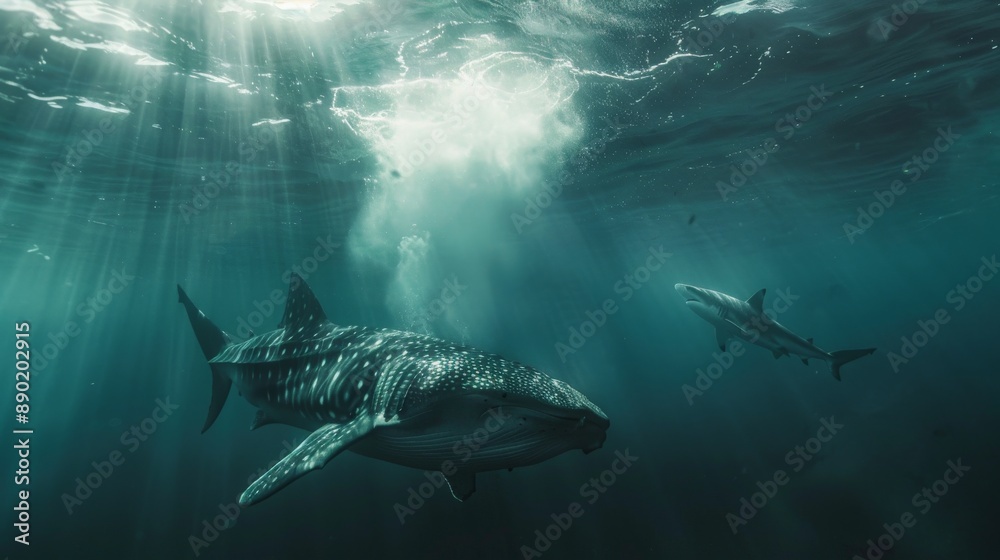Fototapeta premium A whale shark glides gracefully in sunlit waters, spots glowing