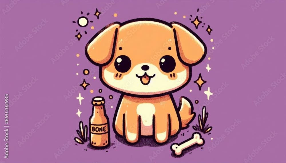 cute dog at purple background, surround with orange juice and bone cute dog at purple background, surround with orange juice and bone