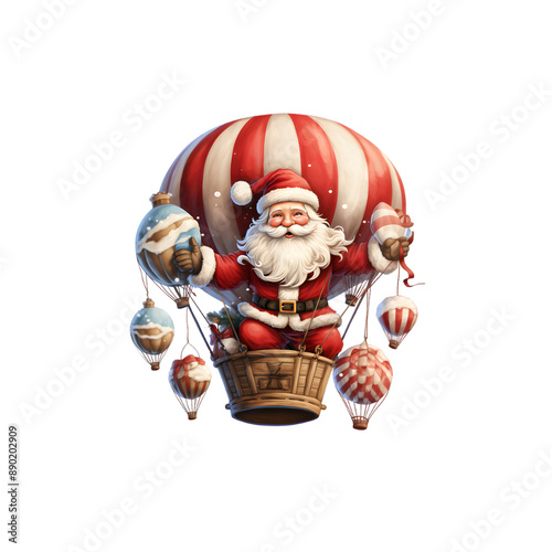 A joyful illustration of Santa in a red suit in a hot air balloon on a transparent PNG background