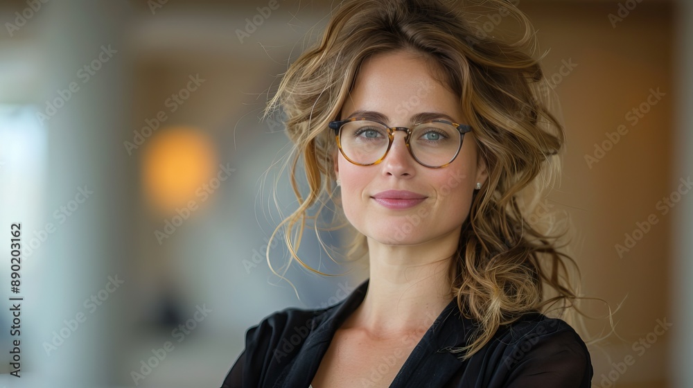 A confident woman with wavy blonde hair and glasses, wearing a black top, stands indoors with a blurred background. A confident woman with wavy blonde hair and glasses, wearing a black top, stands indoors with a blurred background.