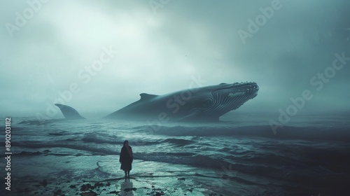 A lone figure stands on a beach, gazing at a whale beached on the shore photo