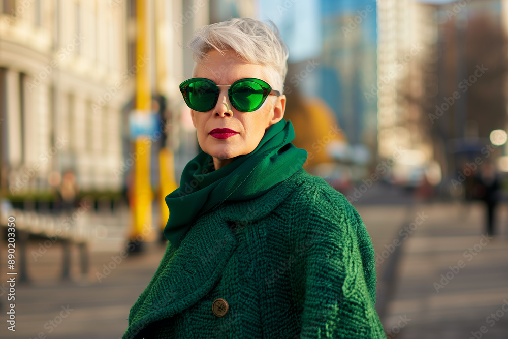 Woman wearing green coat and sunglasses on city street Woman wearing green coat and sunglasses on city street