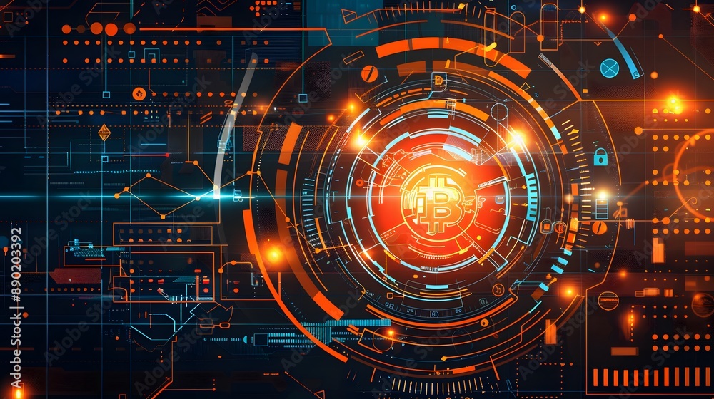 Bitcoin with glowing lights..Gold bitcoin symbol. Coins on black background. Bitcoin with glowing lights..Gold bitcoin symbol. Coins on black background.