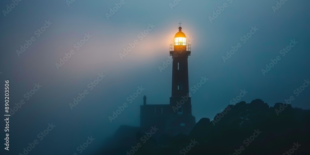 Fototapeta premium A lighthouse is lit up in the fog. The light is yellow and it is shining brightly. The lighthouse is on a rocky shoreline and the fog is thick. The scene is peaceful and serene