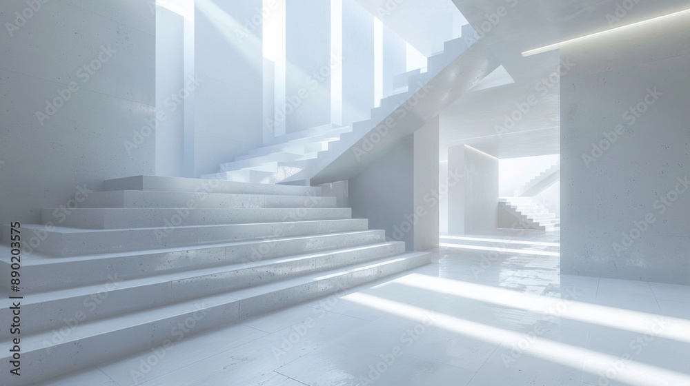 Obraz premium A white staircase leads up to a white room with a white ceiling