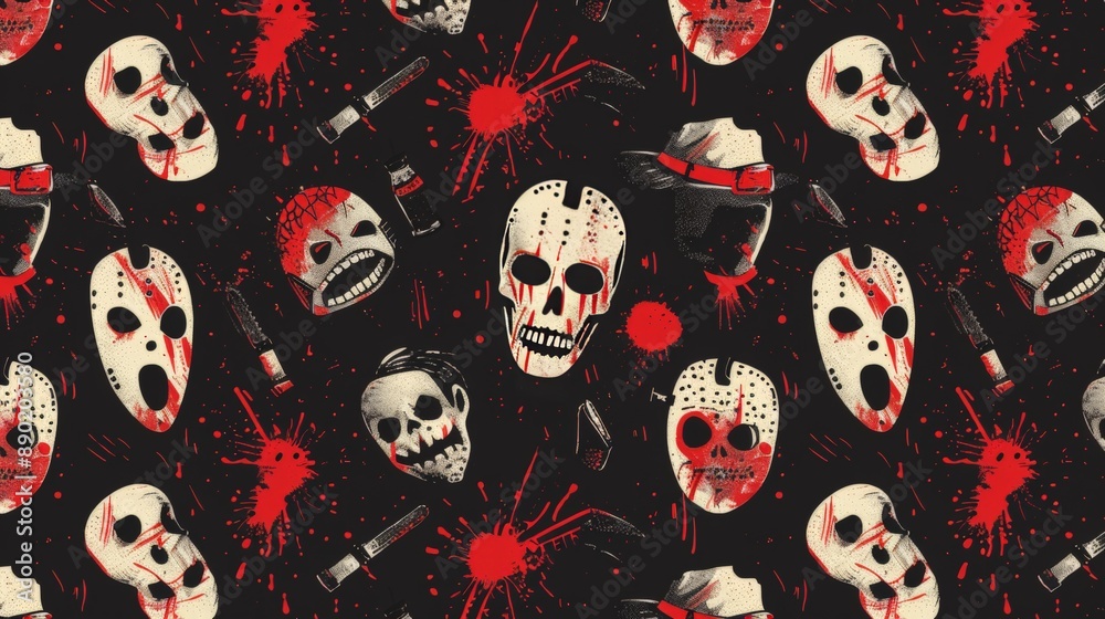 Design a Halloween pattern that combines elements of horror movies like blood splatters, chainsaws, and masked figures. Design a Halloween pattern that combines elements of horror movies like blood splatters, chainsaws, and masked figures.