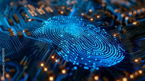 Blue holographic fingerprint on circuit board, highlighting biometric security and data protection. AI Generated