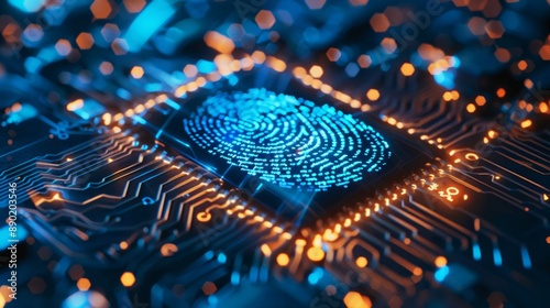 Blue holographic fingerprint on circuit board, highlighting biometric security and data protection. AI Generated