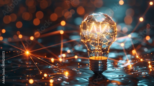 3D glowing light bulb with network and neural connections on dark background. Innovation and AI technology concept. AI Generated.
