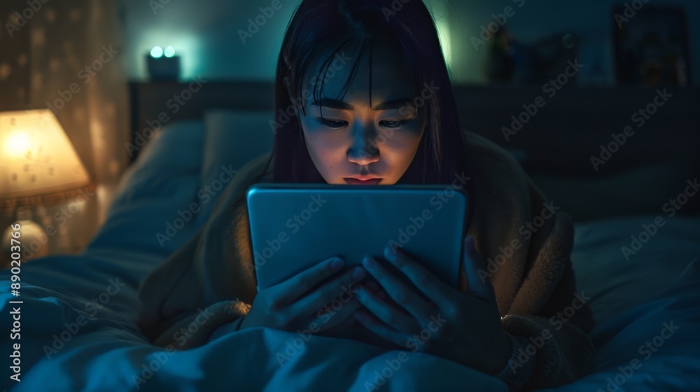 Woman using a tablet in bed at night, browsing social media sites Woman using a tablet in bed at night, browsing social media sites