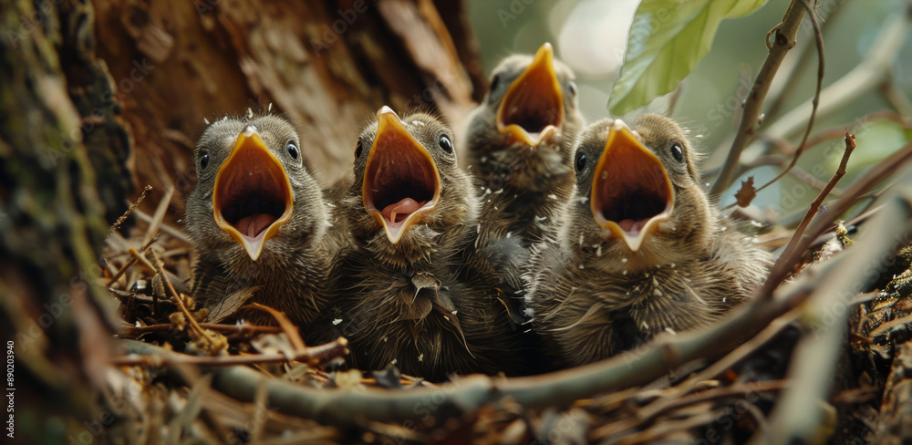Fototapeta premium A group of hungry chicks sit in a nest in a tree with their mouths wide open, waiting to be fed.