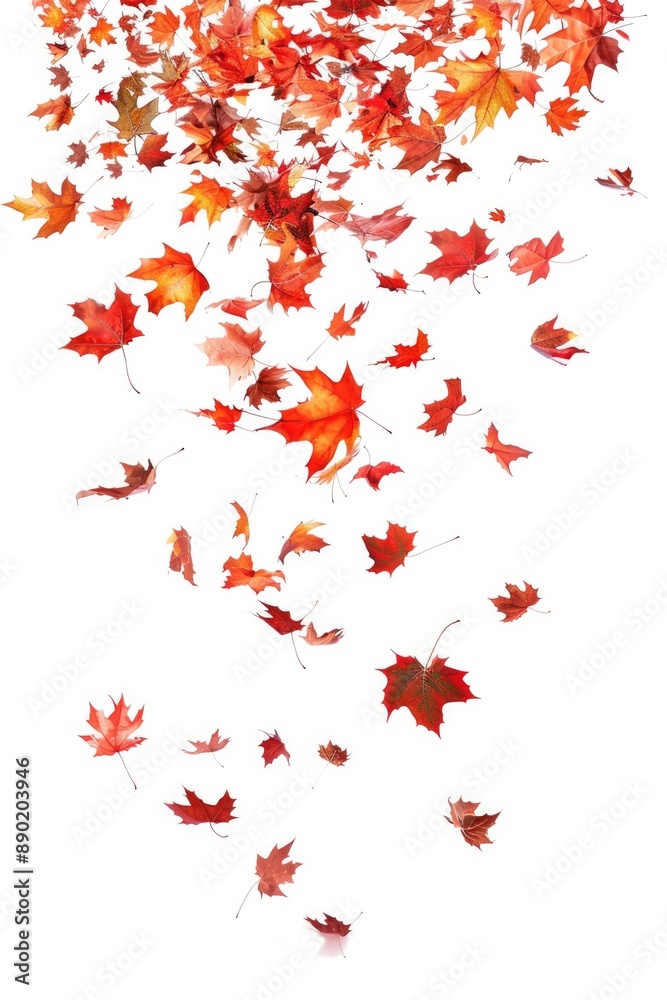 Falling Fall Leaves. Closeup of Autumn Maple Leaves in Elegant White Design Falling Fall Leaves. Closeup of Autumn Maple Leaves in Elegant White Design
