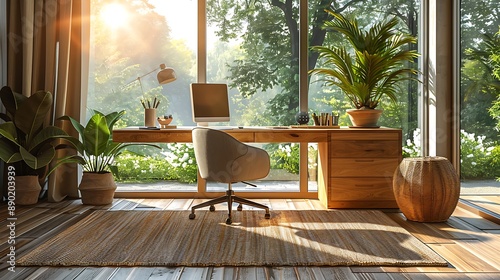 Modern office with clean lines, a clean desk, ergonomic chair, and minimal accessories. photo