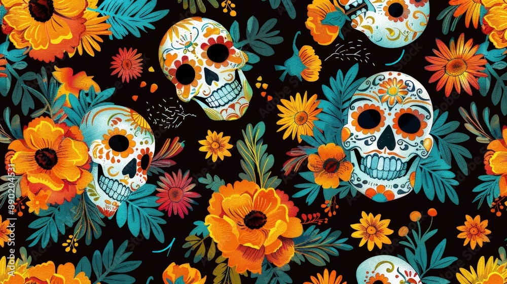 Design a Halloween pattern that includes elements of Dia de los Muertos with colorful sugar skulls and marigolds. Design a Halloween pattern that includes elements of Dia de los Muertos with colorful sugar skulls and marigolds.