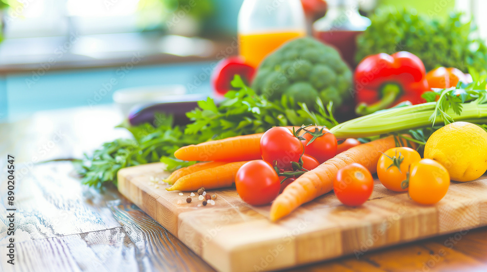 A wooden cutting board with a variety of vegetables including carrots, tomatoes A wooden cutting board with a variety of vegetables including carrots, tomatoes