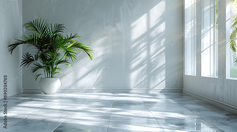 Modern white-walled room with clean lines and a single, large indoor plant as the focal point. Modern white-walled room with clean lines and a single, large indoor plant as the focal point.