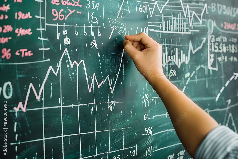 Hand Drawing Upward Trend on Green Chalkboard