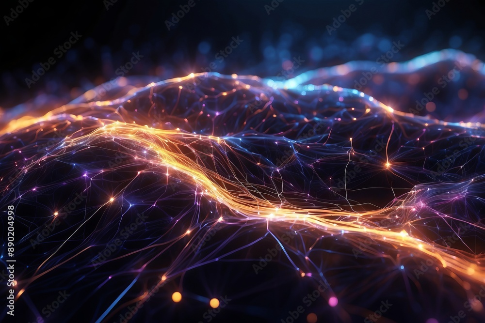 Futuristic neural network visualization. Glowing interconnected nodes form ethereal waves. Vibrant pink, blue, and orange lights against dark background. Futuristic neural network visualization. Glowing interconnected nodes form ethereal waves. Vibrant pink, blue, and orange lights against dark background.