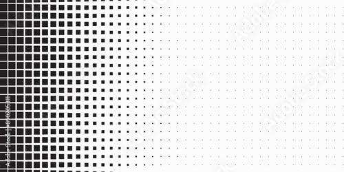 Halftone pixelated gradient background. Faded square particles texture. Dissolving grunge noise wallpaper. Black dots, speckles, pixels, specks wallpaper. Horizontal gritty vector