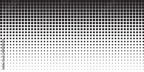 Halftone pixelated gradient background. Faded square particles texture. Dissolving grunge noise wallpaper. Black dots, speckles, pixels, specks wallpaper. Horizontal gritty vector