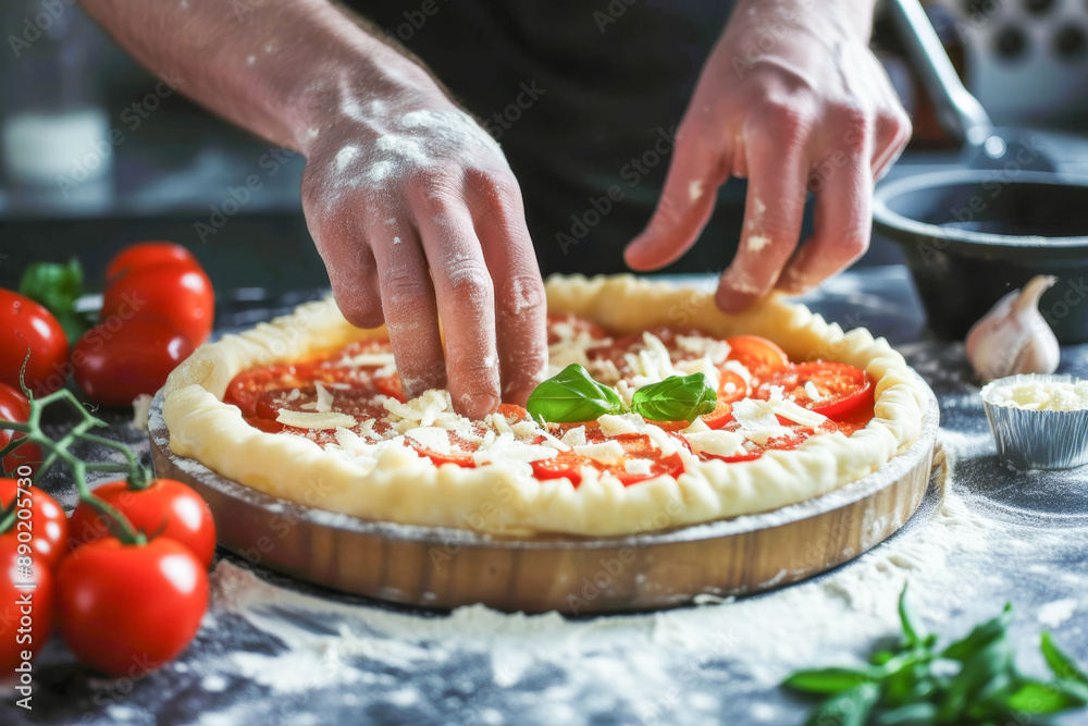 A closeup look at the process of preparing a pizza with fresh ingredients by a chef A closeup look at the process of preparing a pizza with fresh ingredients by a chef