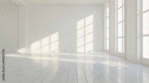 A large, empty room with white walls and wooden floors