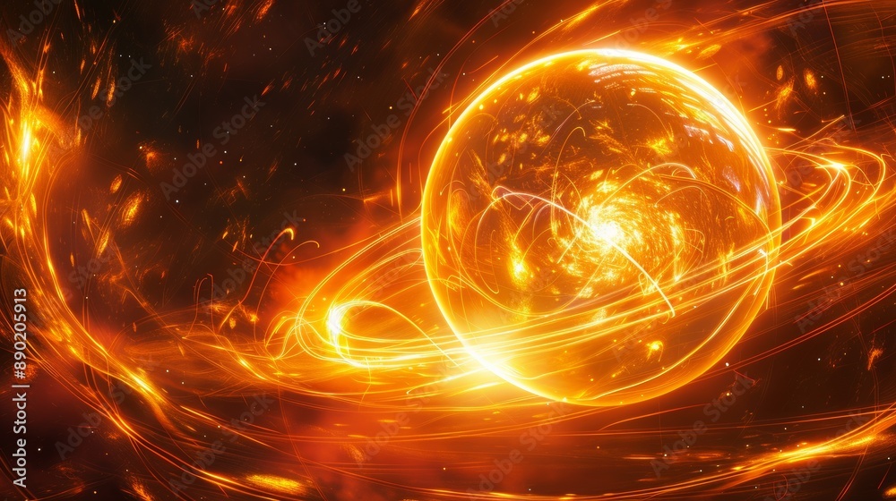 A bright orange planet is surrounded by a swirling mass of fire A bright orange planet is surrounded by a swirling mass of fire