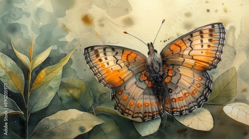Watercolor butterfly on leaves - generative ai photo