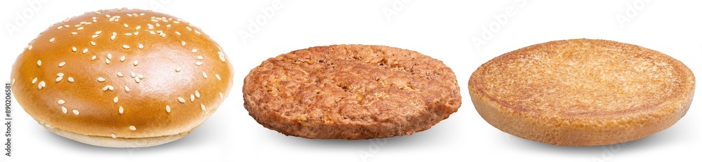Set of hamburgers Separate bread and meat isolate on white with clipping path. Set of hamburgers Separate bread and meat isolate on white with clipping path.