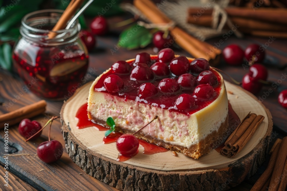 A fresh flavored slice of cherry cake with cream and chocolate, perfect for a recipe website and cooking school A fresh flavored slice of cherry cake with cream and chocolate, perfect for a recipe website and cooking school