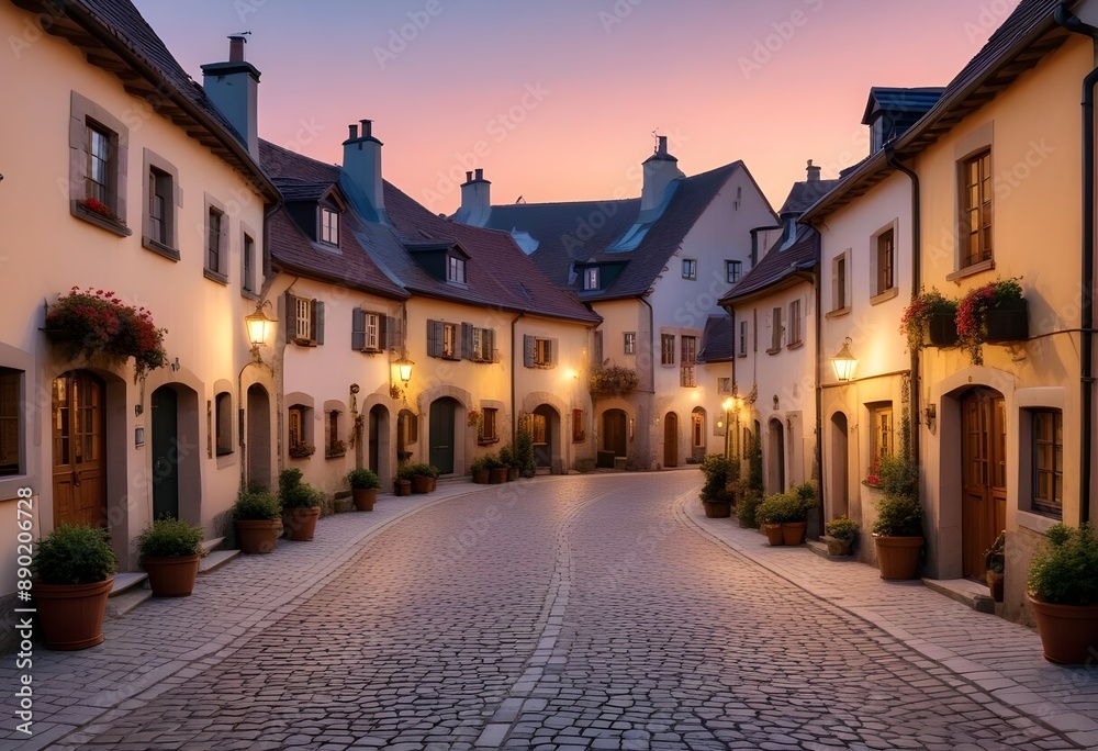 Fototapeta premium Rustic European village. A cobbled, stone road along which there are multi-family houses in a rustic style. Narrow stone street with tenement houses during sunset
