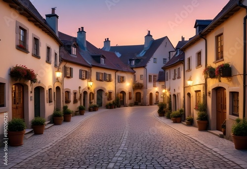 Rustic European village. A cobbled, stone road along which there are multi-family houses in a rustic style. Narrow stone street with tenement houses during sunset