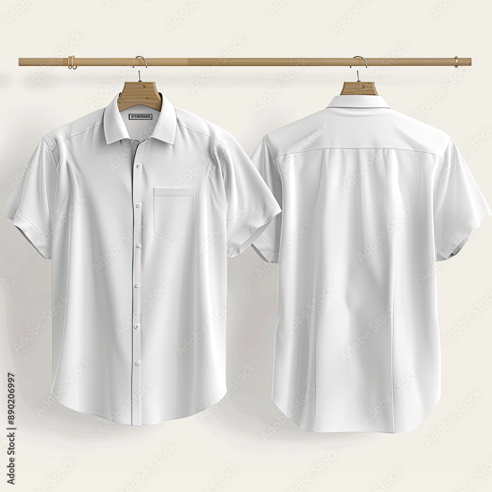 two white t-shirts hanging on a hanger, close-up on a white brick wall background two white t-shirts hanging on a hanger, close-up on a white brick wall background