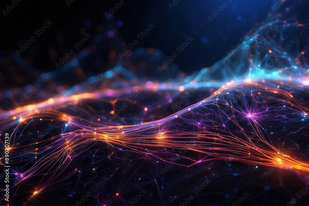 Obraz premium Futuristic neural network visualization. Glowing interconnected nodes form ethereal waves. Vibrant pink, blue, and orange lights against dark background.