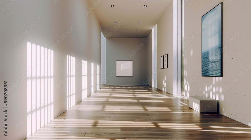 Fototapeta premium A large room with a white wall and a blue framed picture on the wall