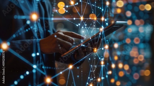 Businessman Interacting with Virtual Blockchain Network, Holding a Tablet with Floating Data Fields