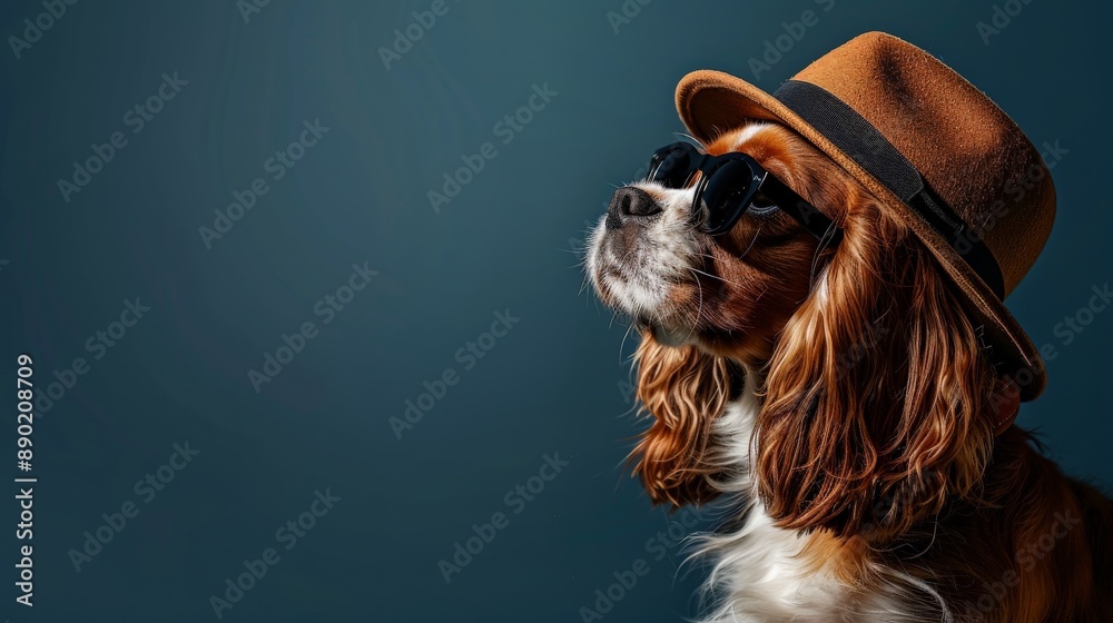 Naklejka premium Cavalier King Charles Spaniel in fedora and sunglasses, looking up thoughtfully