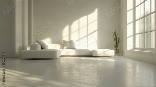 A large white couch sits in a room with a window