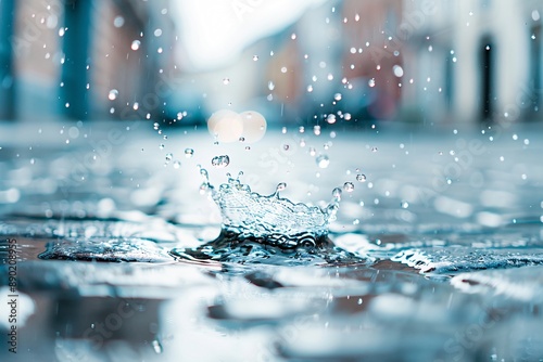 A beautiful and clear photo of raindrops splashing in a puddle on a cobblestone street