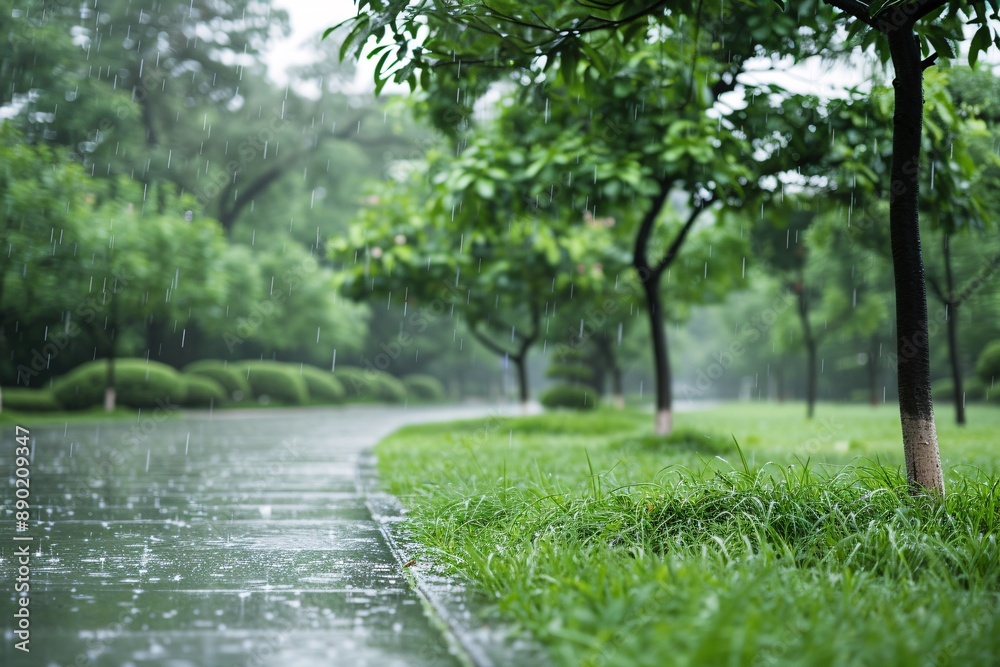 A colorful and crisp photo of a rain-soaked park with vibrant green trees and grass A colorful and crisp photo of a rain-soaked park with vibrant green trees and grass