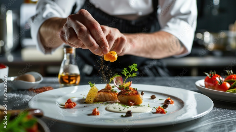 The chef arranges the food on a white porcelain plate The chef arranges the food on a white porcelain plate