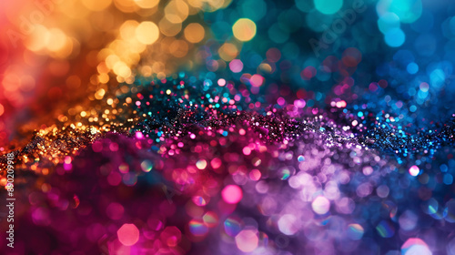 Background with close-up of colorful glitter and bokeh lights in a vibrant, abstract pattern