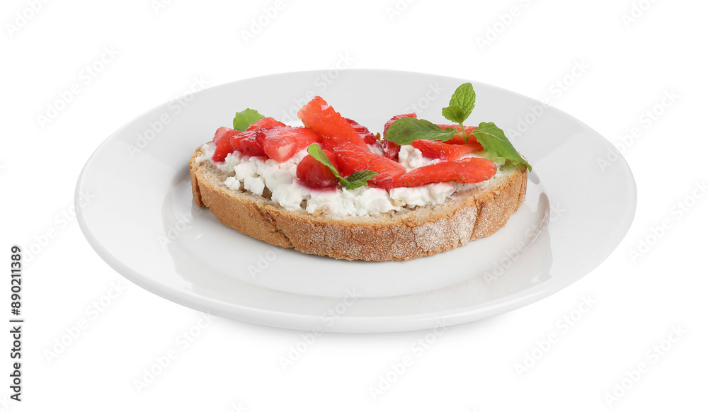 Delicious bruschetta with fresh ricotta (cream cheese), strawberry and mint isolated on white Delicious bruschetta with fresh ricotta (cream cheese), strawberry and mint isolated on white