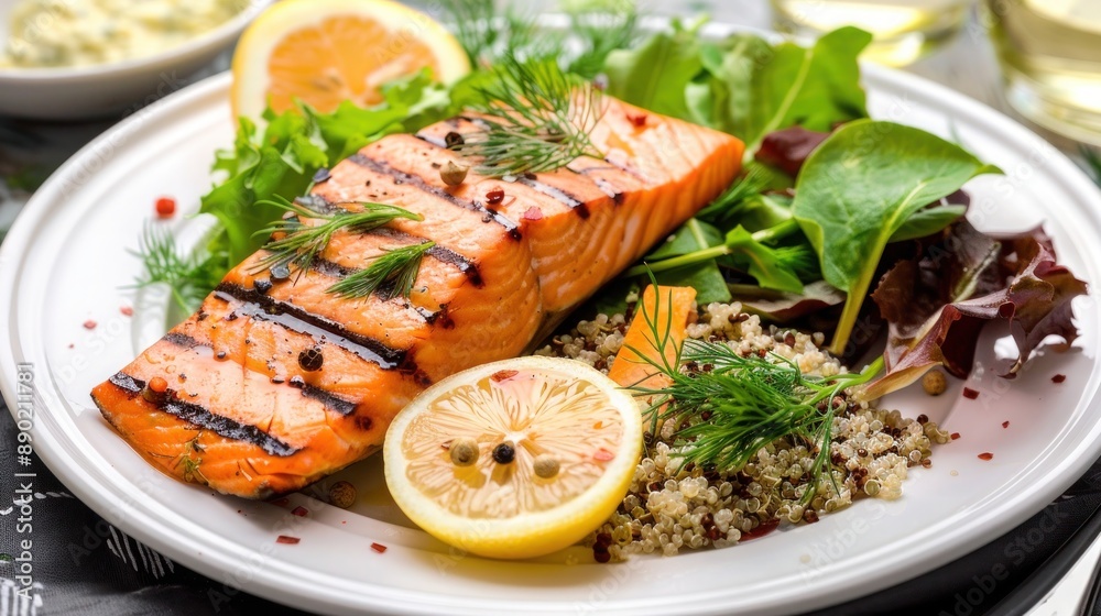 A heart-healthy lunch menu showcasing a grilled salmon fillet, mixed greens salad, and a tasty side dish, with a lemon wedge and dill garnish A heart-healthy lunch menu showcasing a grilled salmon fillet, mixed greens salad, and a tasty side dish, with a lemon wedge and dill garnish