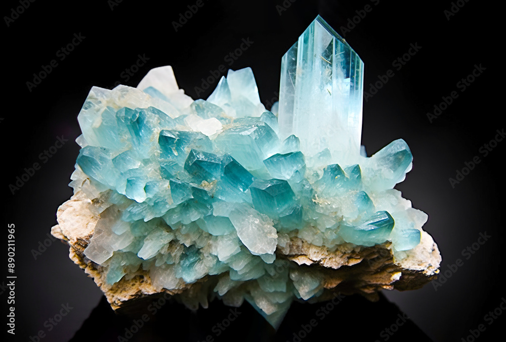 Aquamarin is rare precious natural geological stone on gradient background in low key, isolate. AI generated. Aquamarin is rare precious natural geological stone on gradient background in low key, isolate. AI generated.