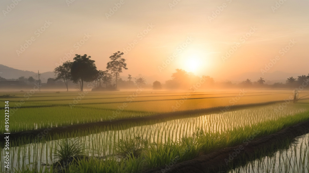 Obraz premium Rice field in the rays of the evening sun, the cultivation of natural products. AI generated.