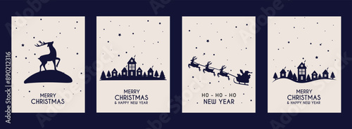 Merry Christmas card set. Winter village, Santa sleigh, snowfall and deer. Dark blue background. Merry Christmas and Happy New Year. Vector