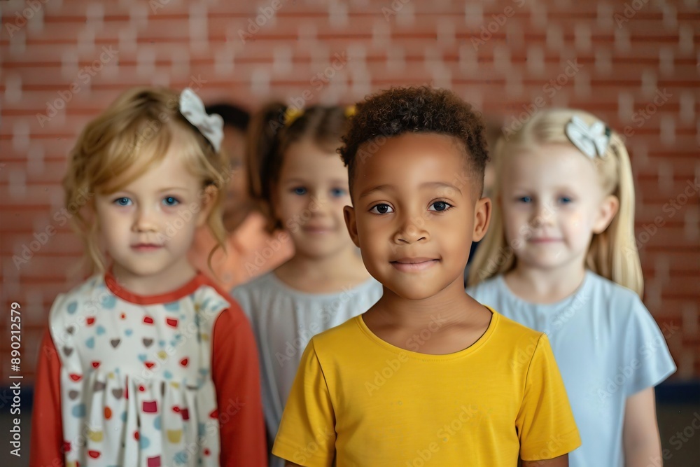 A group of children meeting each other for the first time, shy smiles and introductions, first day of school, social interactions