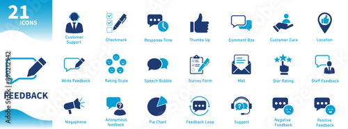 Feedback icon. Set of icons for reviews, customers, satisfaction, emotions, survey form, chat bubble, customer support. Solid vector icons